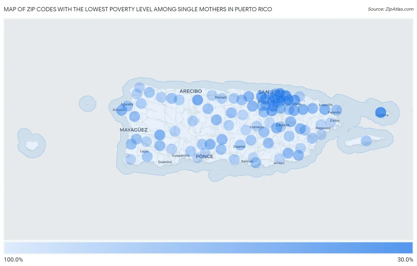 Zip Codes with the Lowest Poverty Level Among Single Mothers in Puerto Rico Map