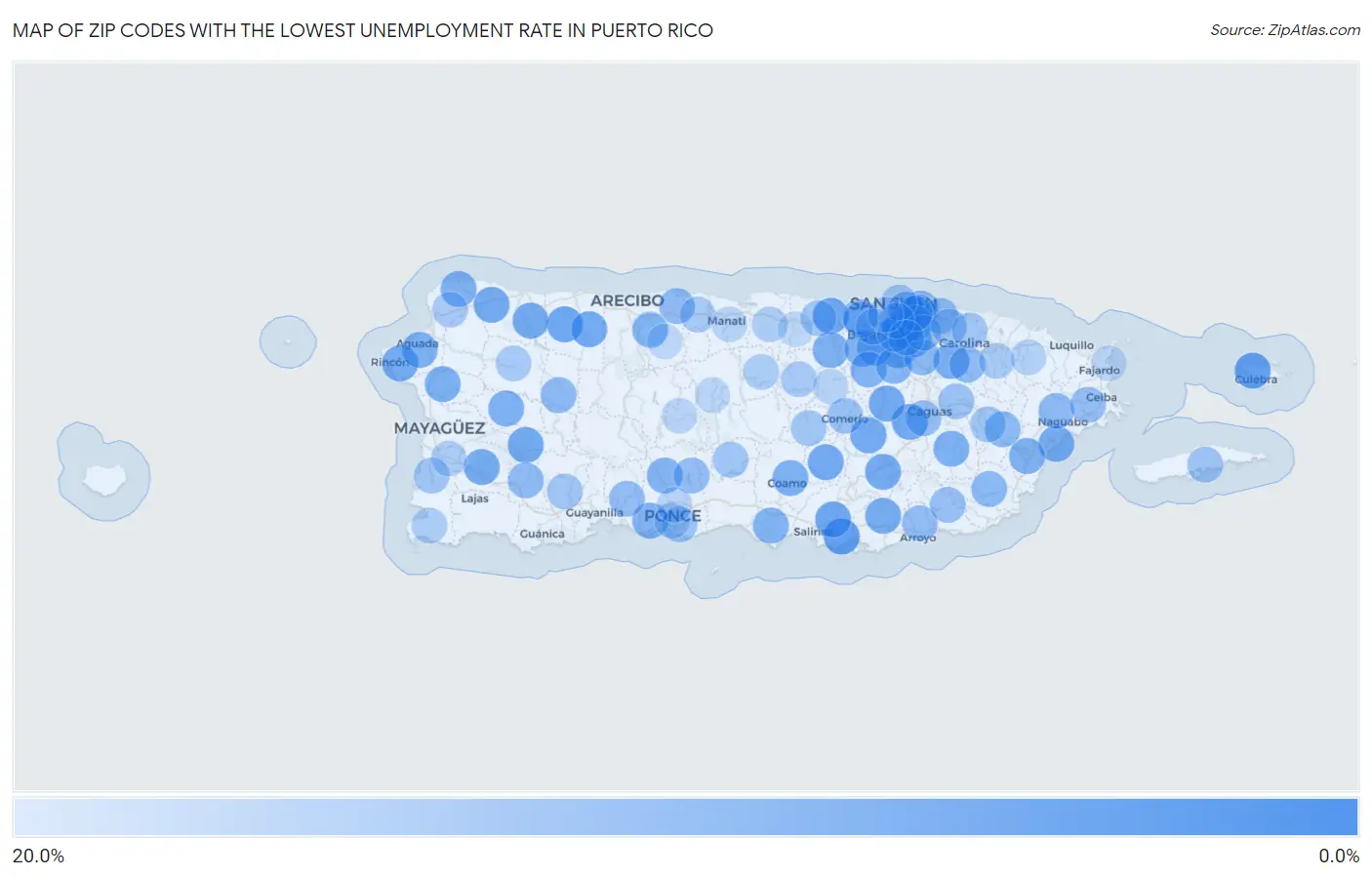 Zip Codes with the Lowest Unemployment Rate in Puerto Rico Map