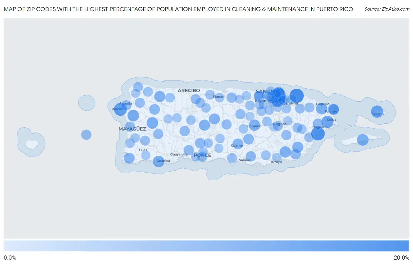 Zip Codes with the Highest Percentage of Population Employed in Cleaning & Maintenance in Puerto Rico Map