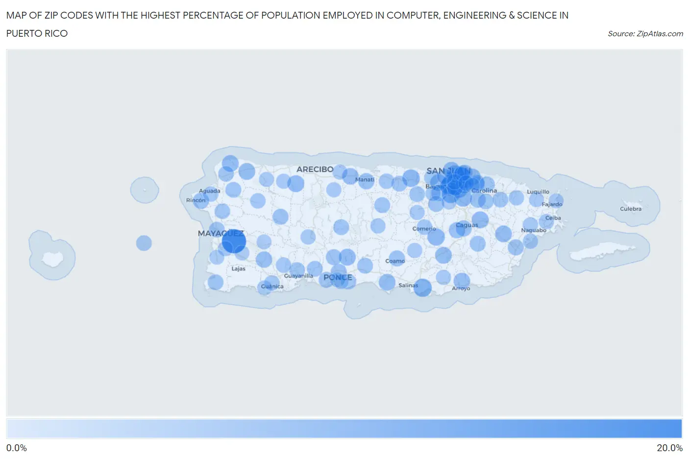 Zip Codes with the Highest Percentage of Population Employed in Computer, Engineering & Science in Puerto Rico Map