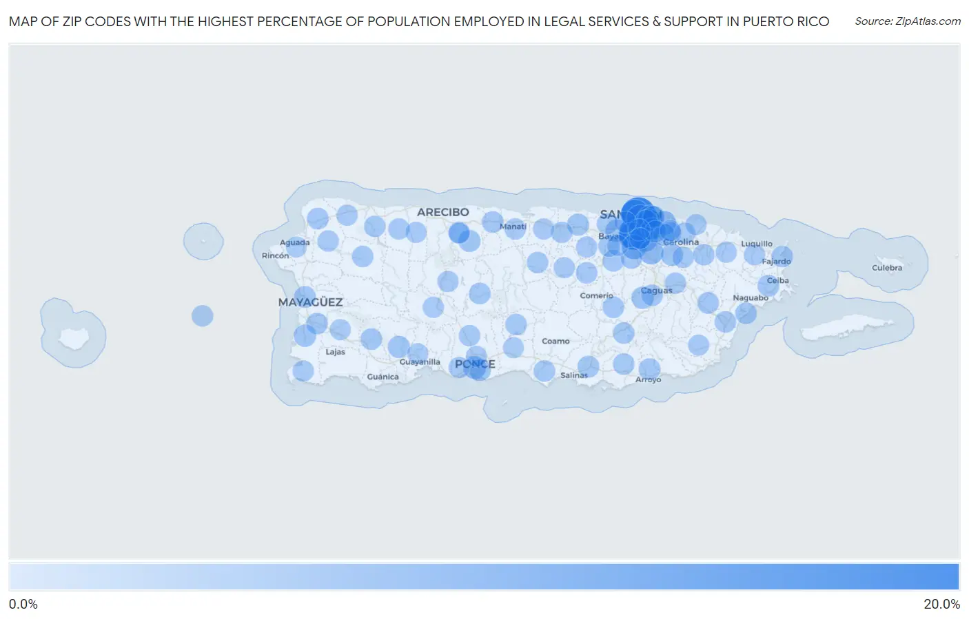 Zip Codes with the Highest Percentage of Population Employed in Legal Services & Support in Puerto Rico Map