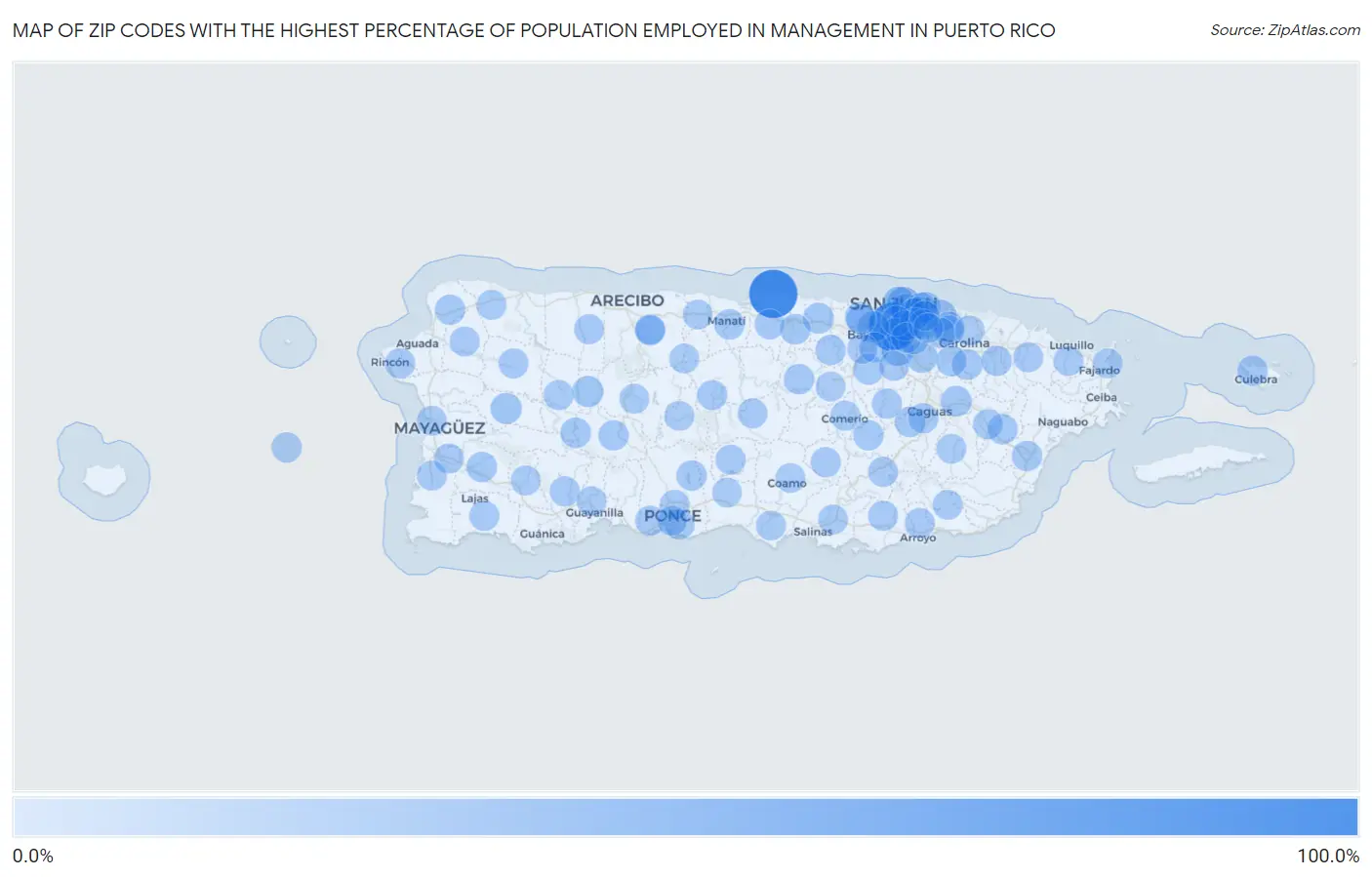 Zip Codes with the Highest Percentage of Population Employed in Management in Puerto Rico Map