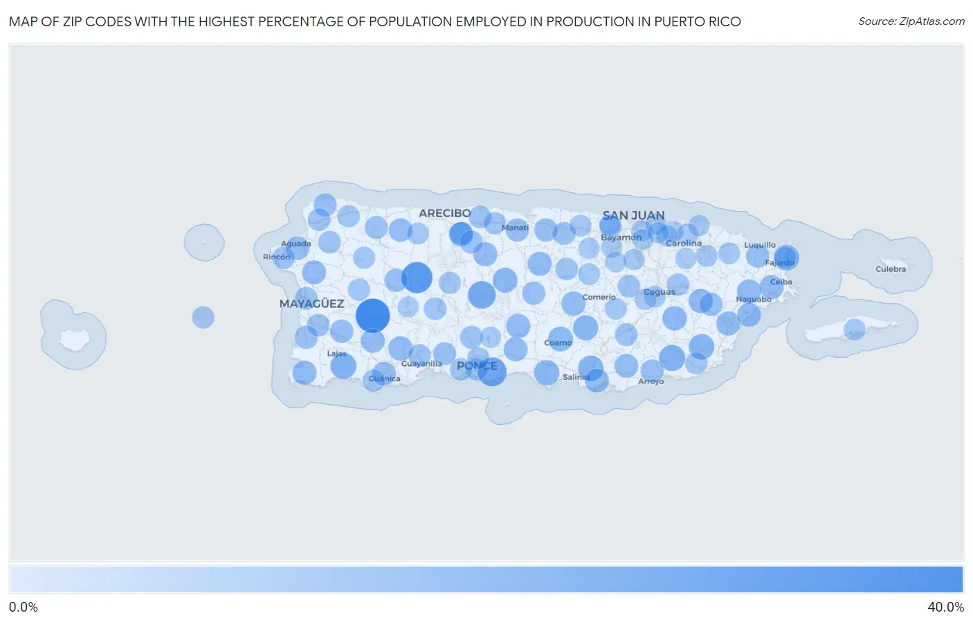 Zip Codes with the Highest Percentage of Population Employed in Production in Puerto Rico Map