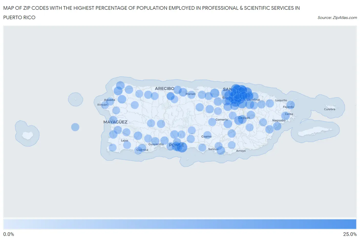 Zip Codes with the Highest Percentage of Population Employed in Professional & Scientific Services in Puerto Rico Map