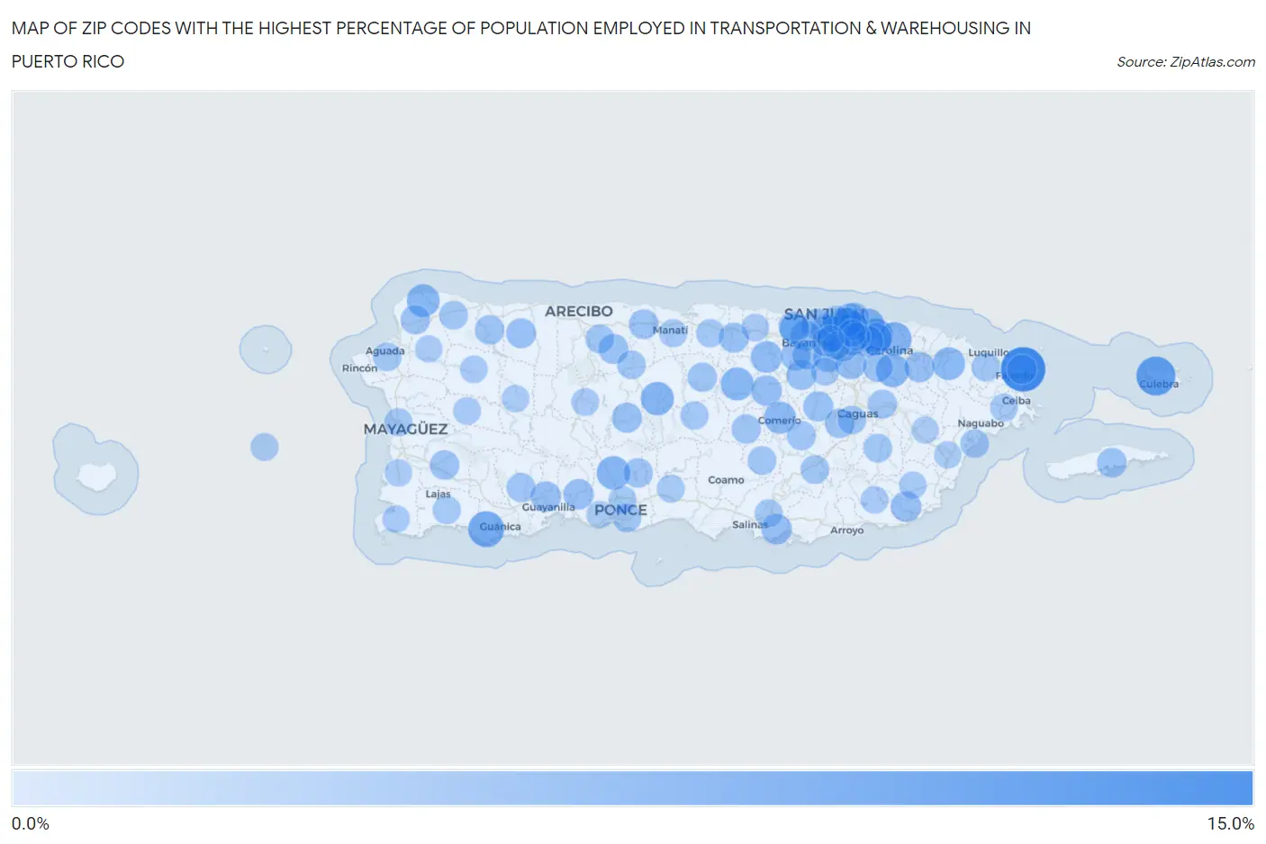 Zip Codes with the Highest Percentage of Population Employed in Transportation & Warehousing in Puerto Rico Map