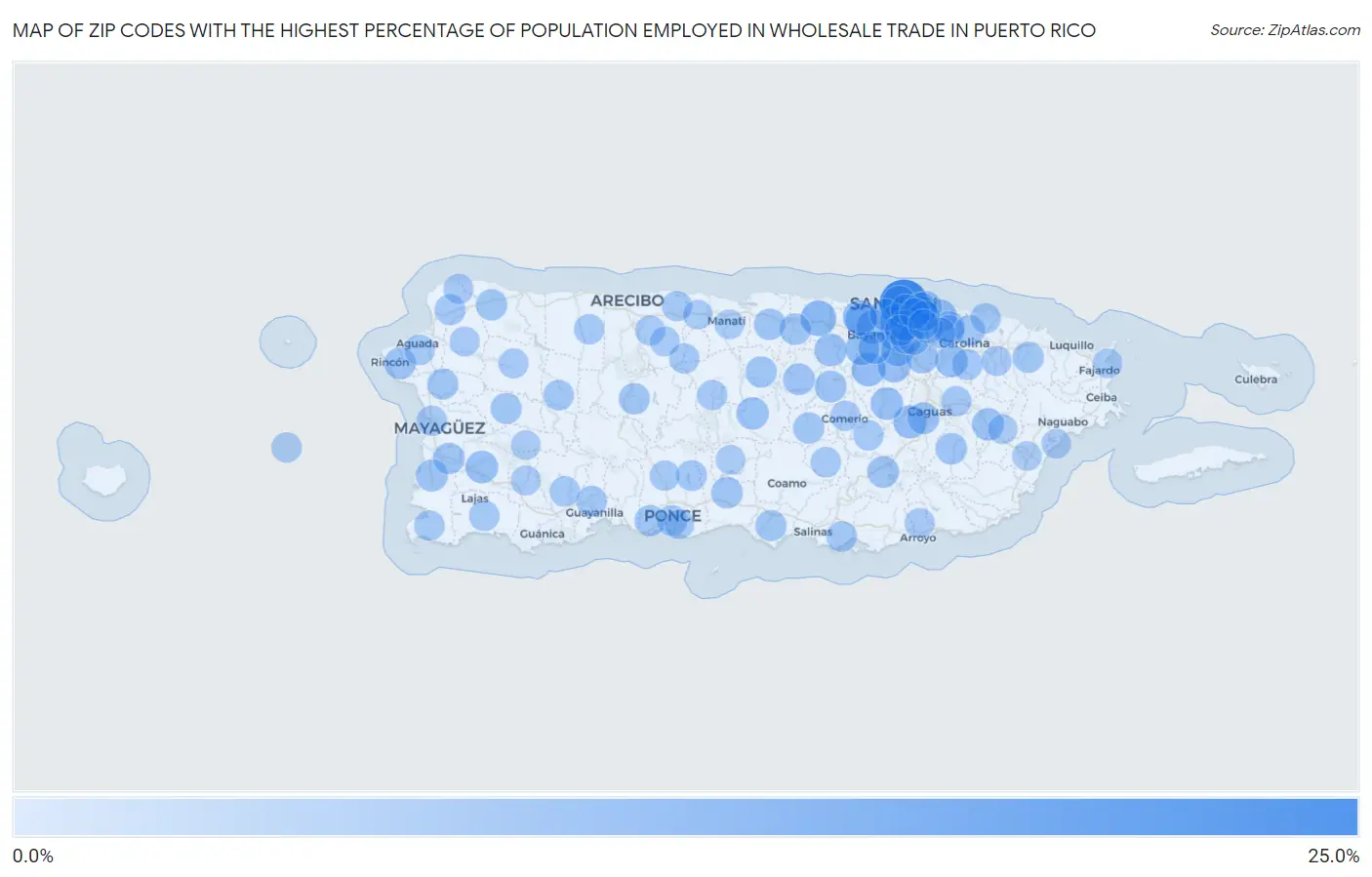 Zip Codes with the Highest Percentage of Population Employed in Wholesale Trade in Puerto Rico Map