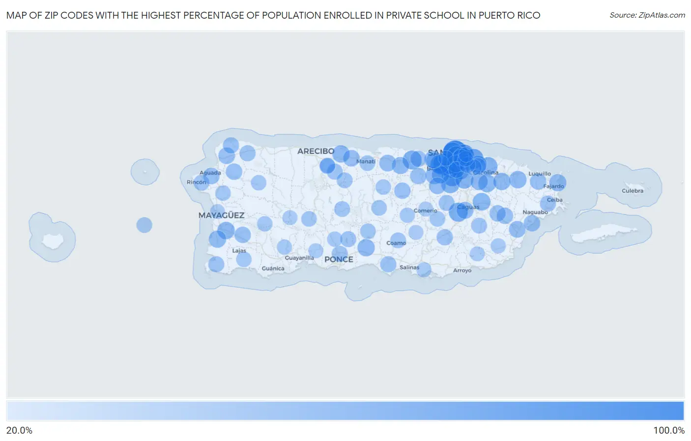 Zip Codes with the Highest Percentage of Population Enrolled in Private School in Puerto Rico Map