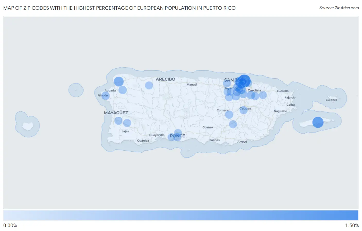 Zip Codes with the Highest Percentage of European Population in Puerto Rico Map