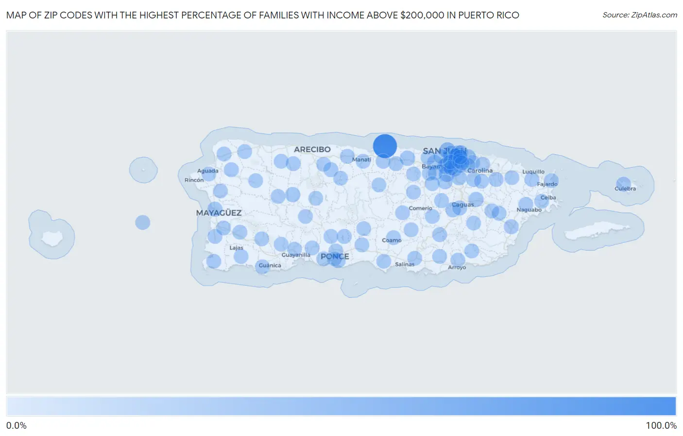 Zip Codes with the Highest Percentage of Families with Income Above $200,000 in Puerto Rico Map