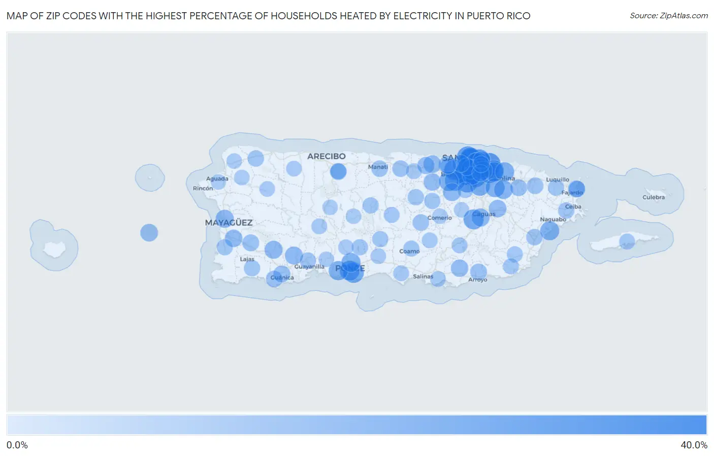 Zip Codes with the Highest Percentage of Households Heated by Electricity in Puerto Rico Map