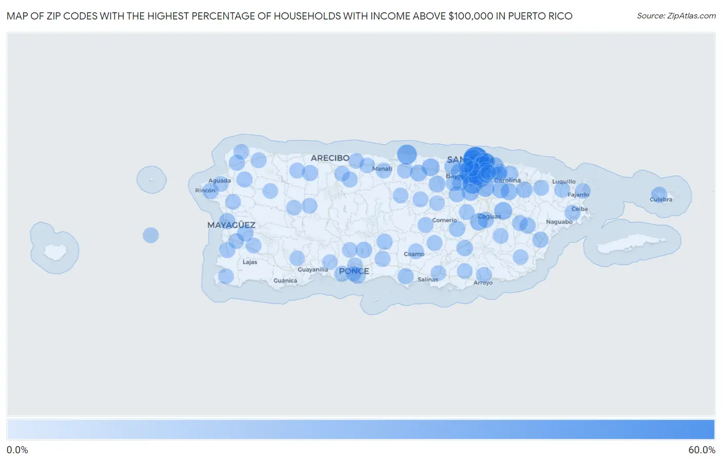 Zip Codes with the Highest Percentage of Households with Income Above $100,000 in Puerto Rico Map
