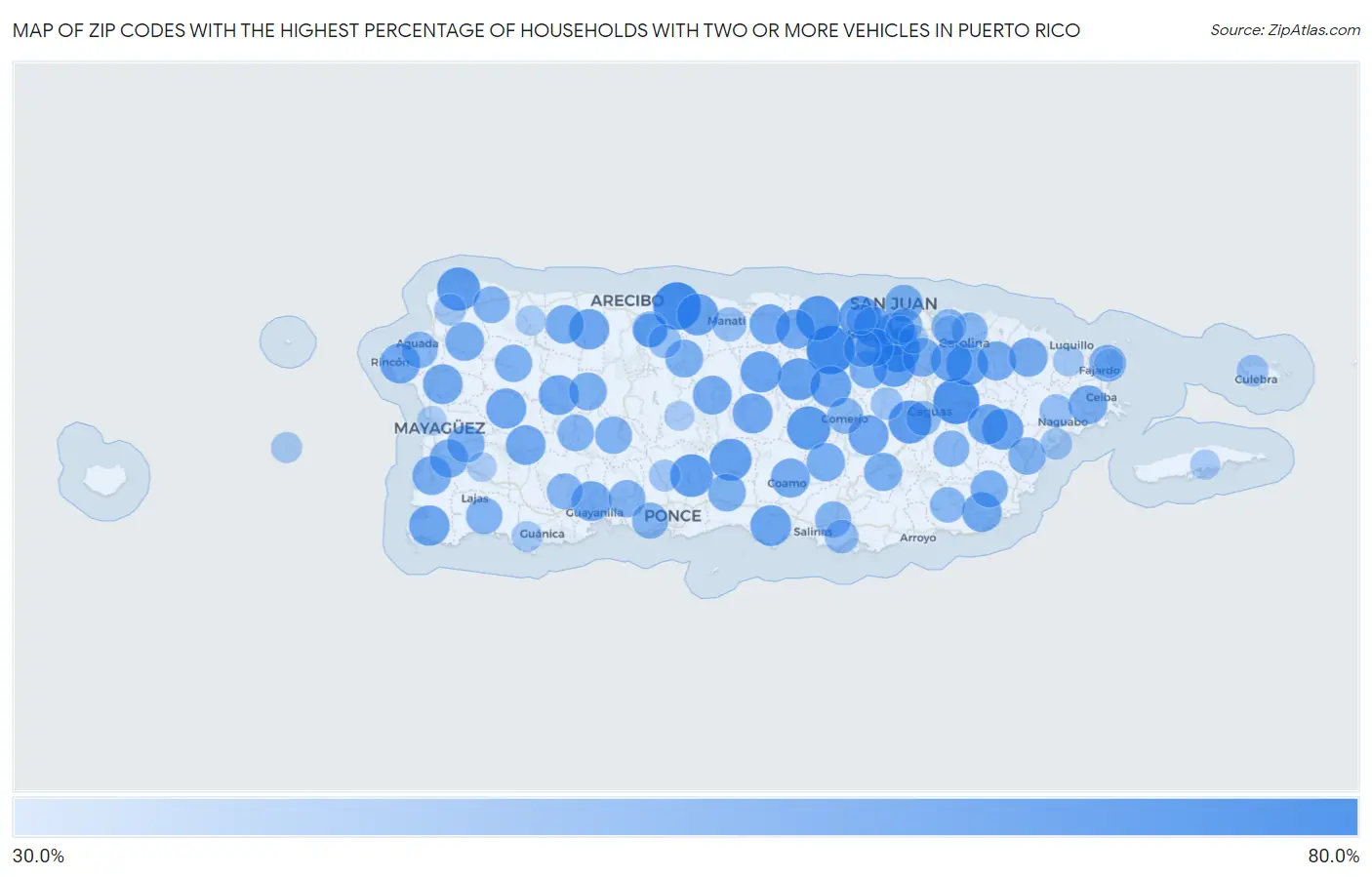 Zip Codes with the Highest Percentage of Households With Two or more Vehicles in Puerto Rico Map