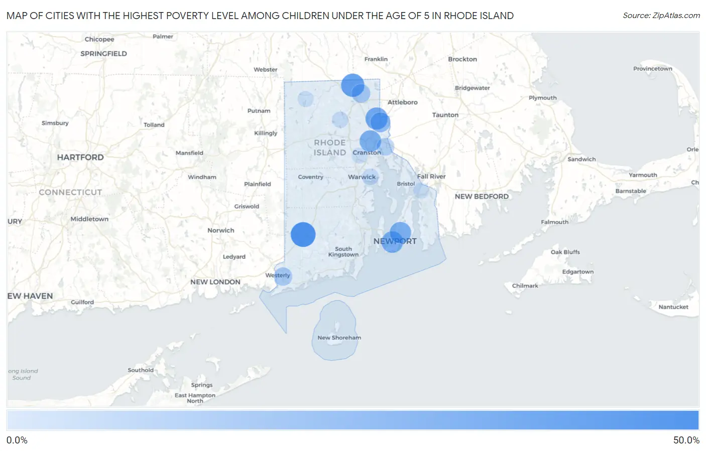 Cities with the Highest Poverty Level Among Children Under the Age of 5 in Rhode Island Map