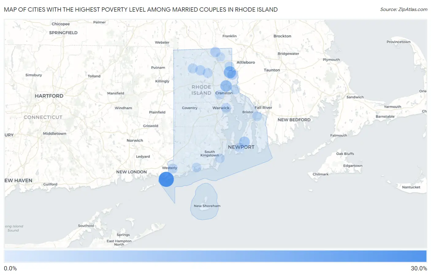 Cities with the Highest Poverty Level Among Married Couples in Rhode Island Map