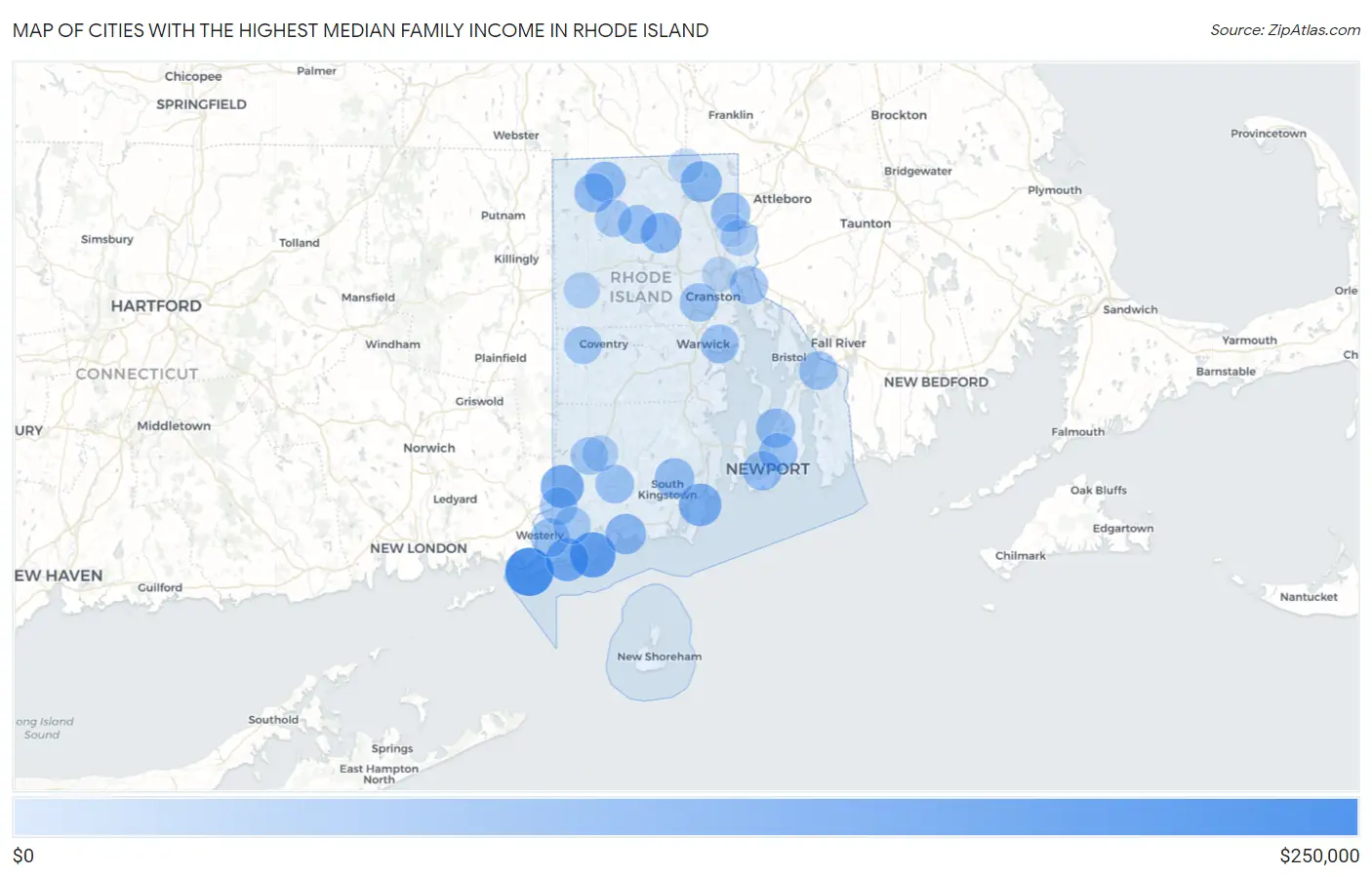 Cities with the Highest Median Family Income in Rhode Island Map