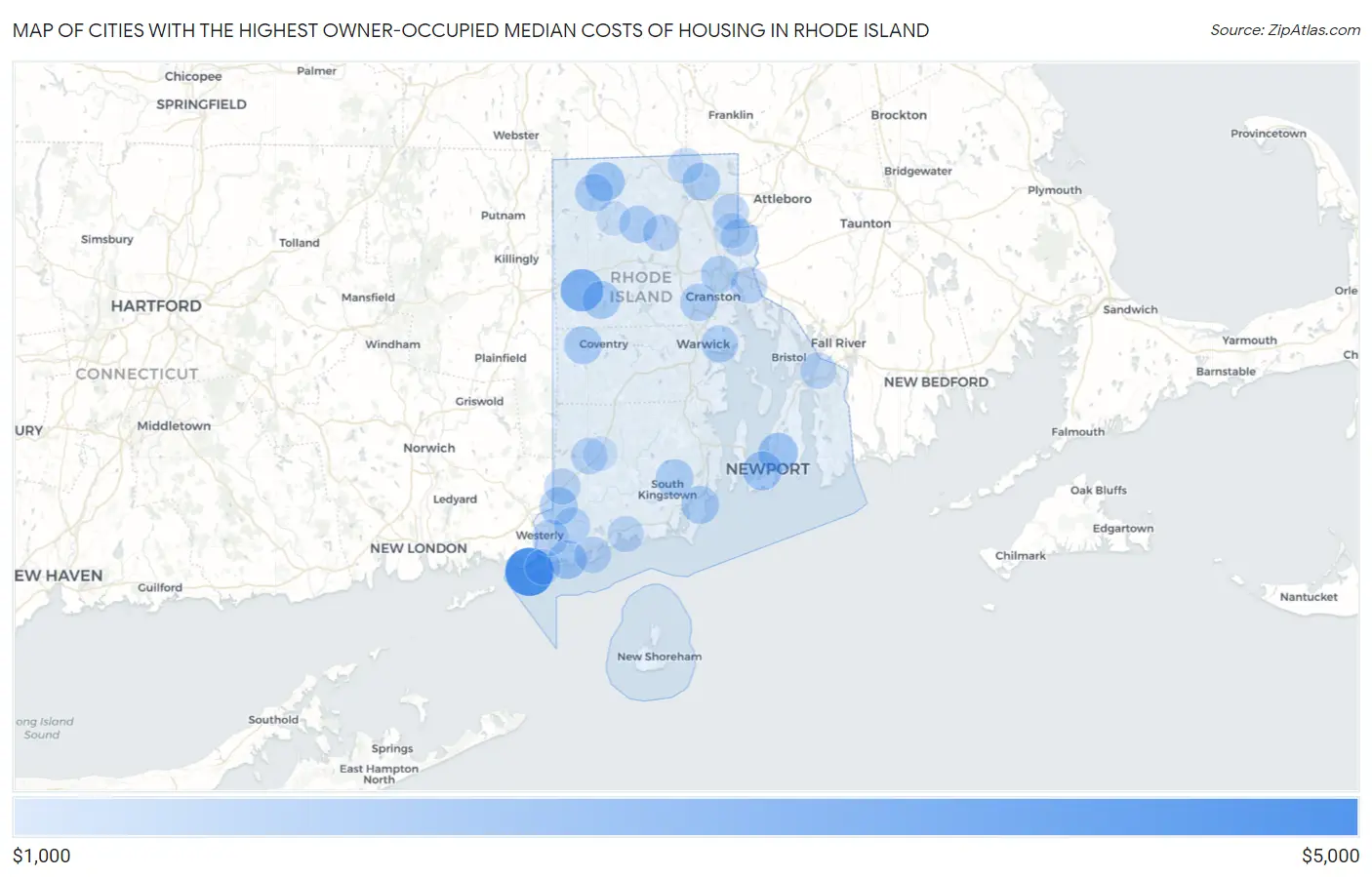 Cities with the Highest Owner-Occupied Median Costs of Housing in Rhode Island Map