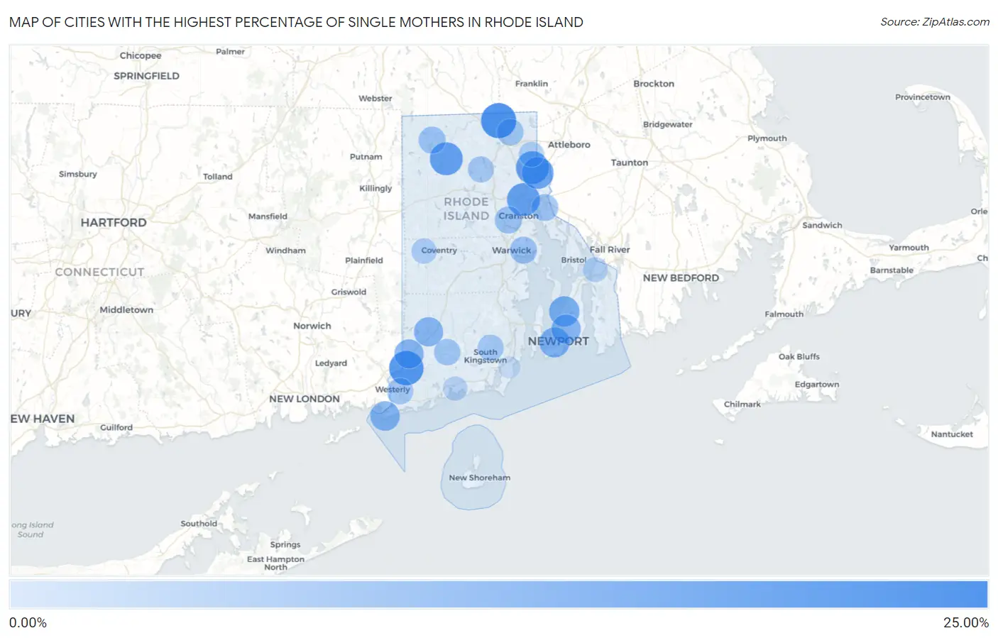 Cities with the Highest Percentage of Single Mothers in Rhode Island Map