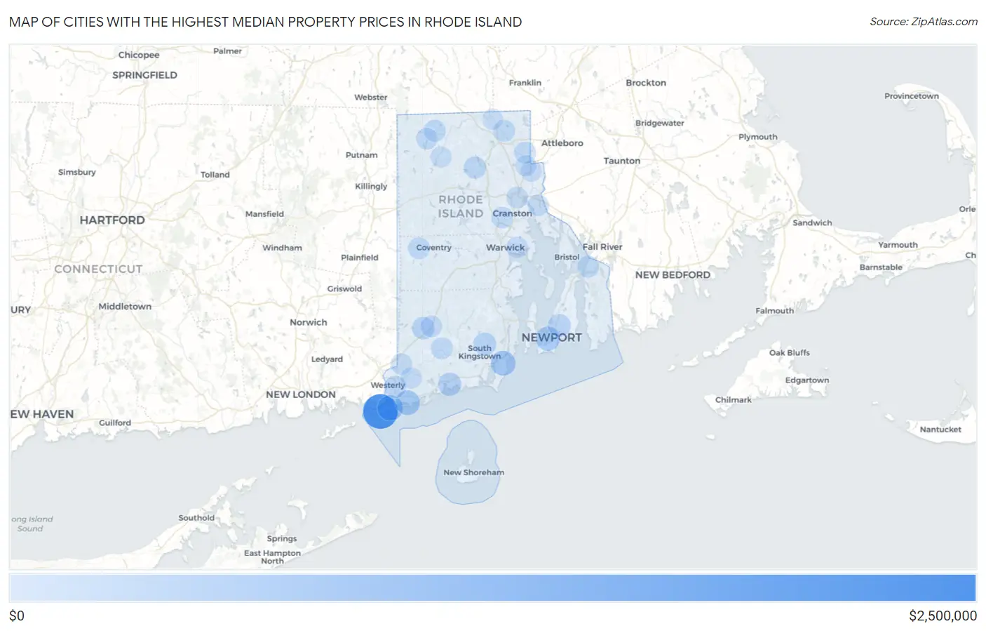 Cities with the Highest Median Property Prices in Rhode Island Map
