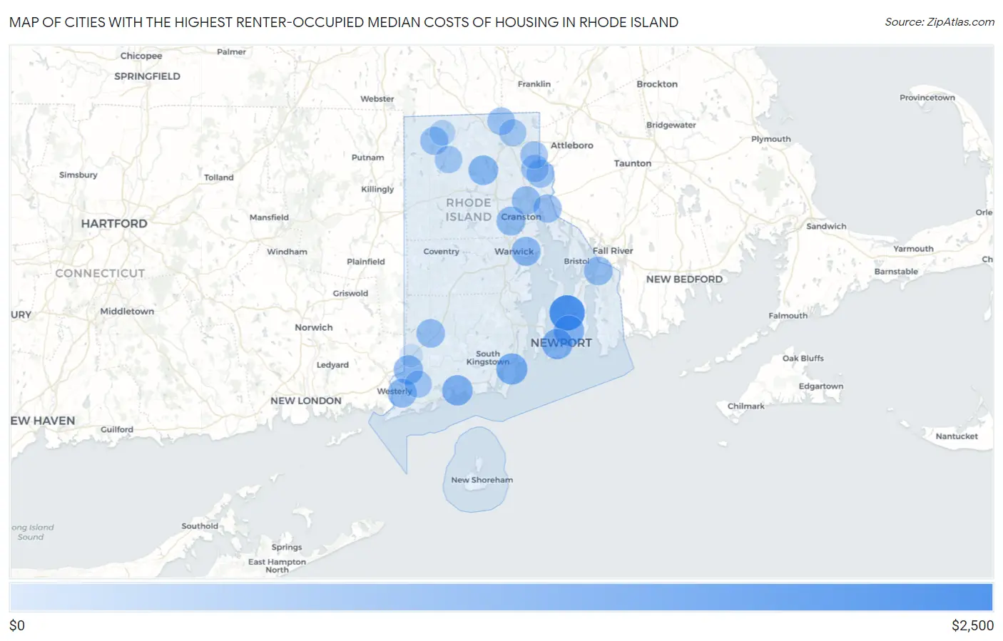 Cities with the Highest Renter-Occupied Median Costs of Housing in Rhode Island Map