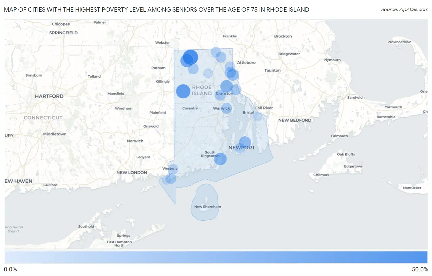 Cities with the Highest Poverty Level Among Seniors Over the Age of 75 in Rhode Island Map