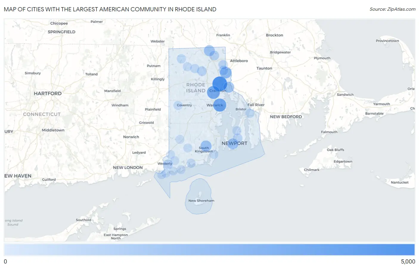 Cities with the Largest American Community in Rhode Island Map