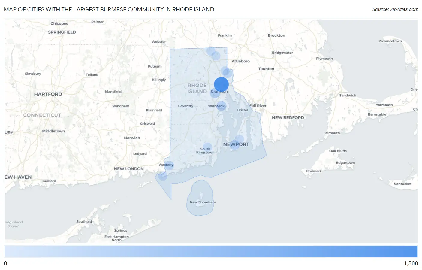 Cities with the Largest Burmese Community in Rhode Island Map