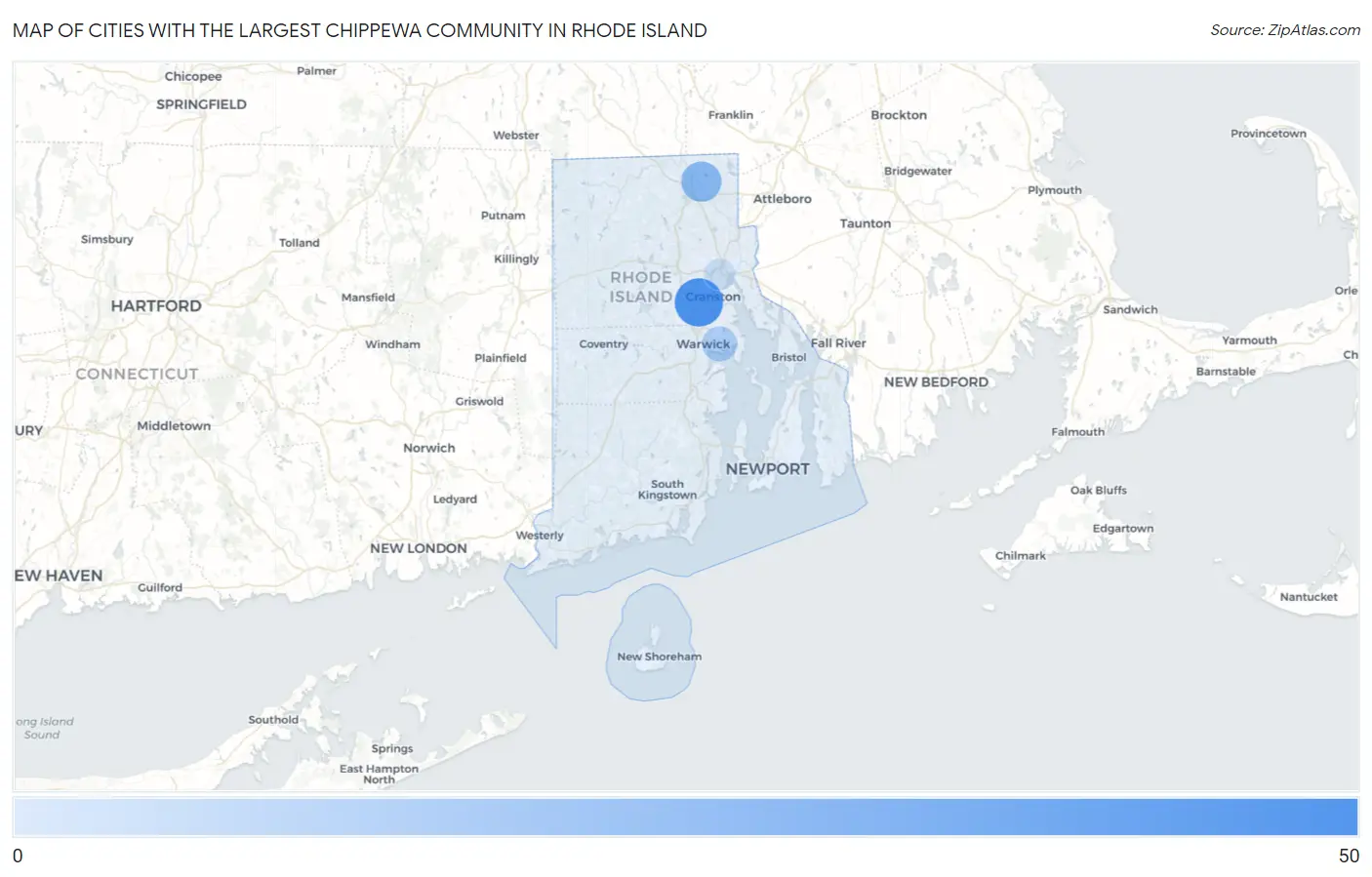 Cities with the Largest Chippewa Community in Rhode Island Map