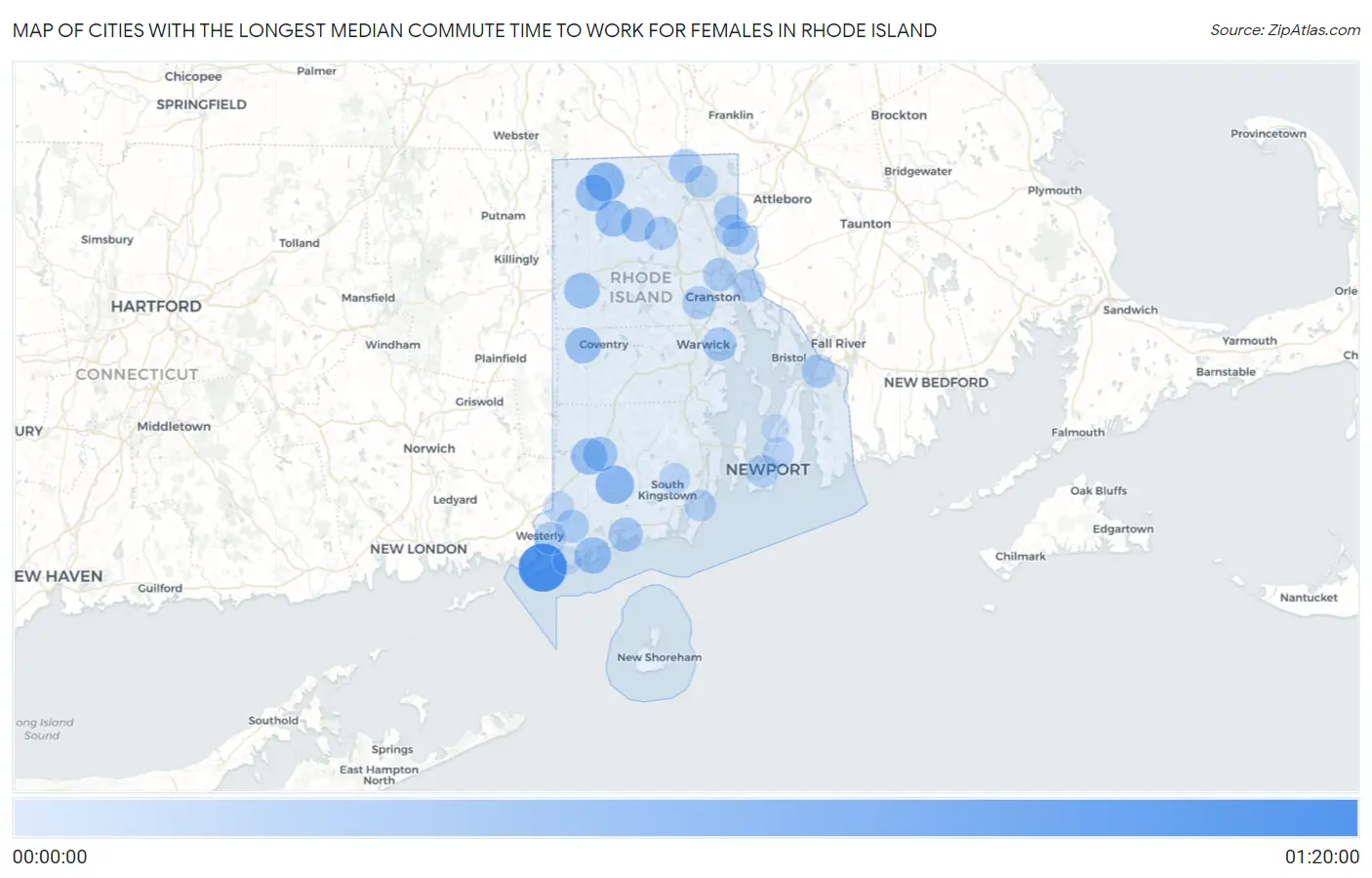 Cities with the Longest Median Commute Time to Work for Females in Rhode Island Map