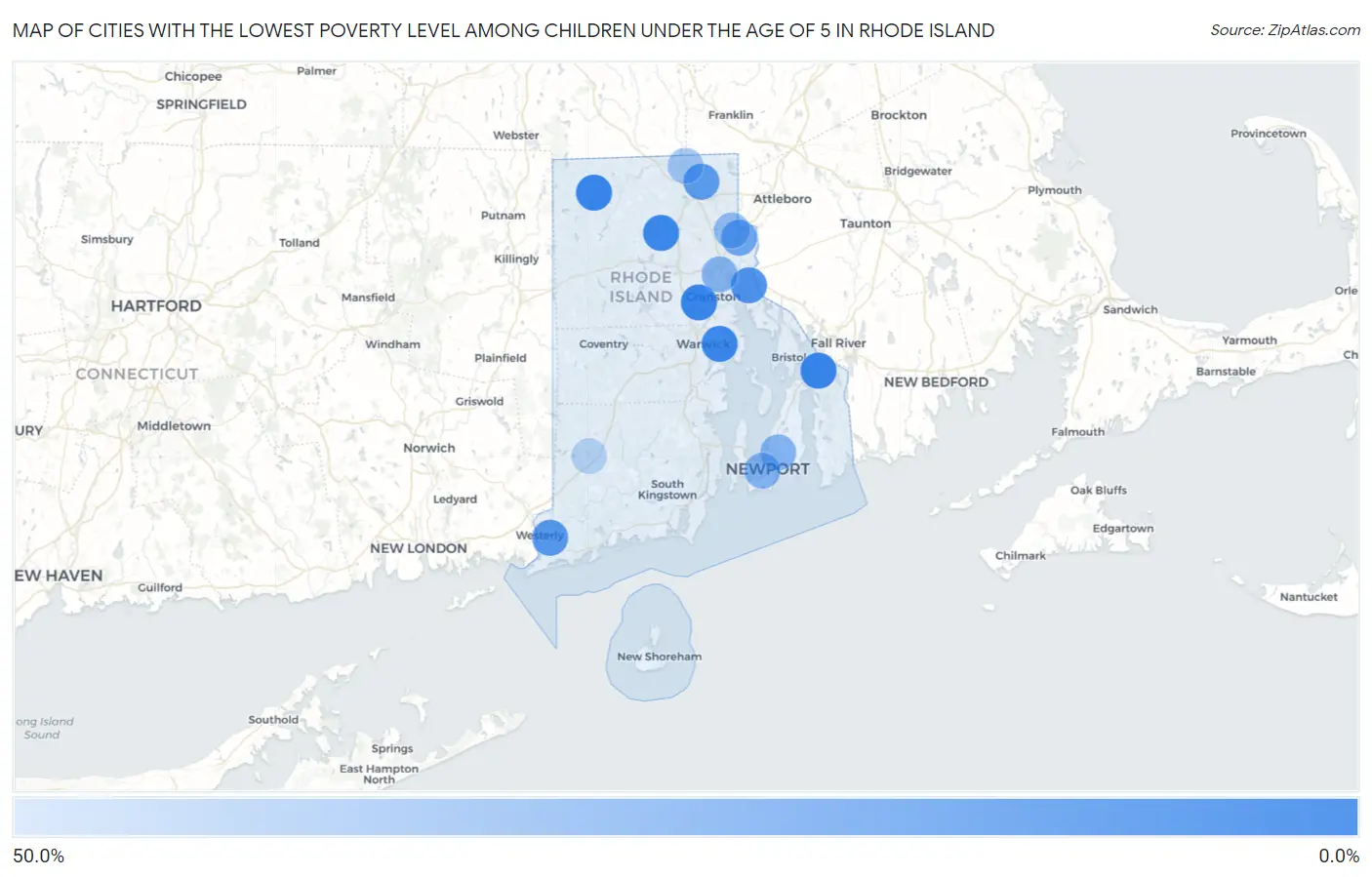 Cities with the Lowest Poverty Level Among Children Under the Age of 5 in Rhode Island Map