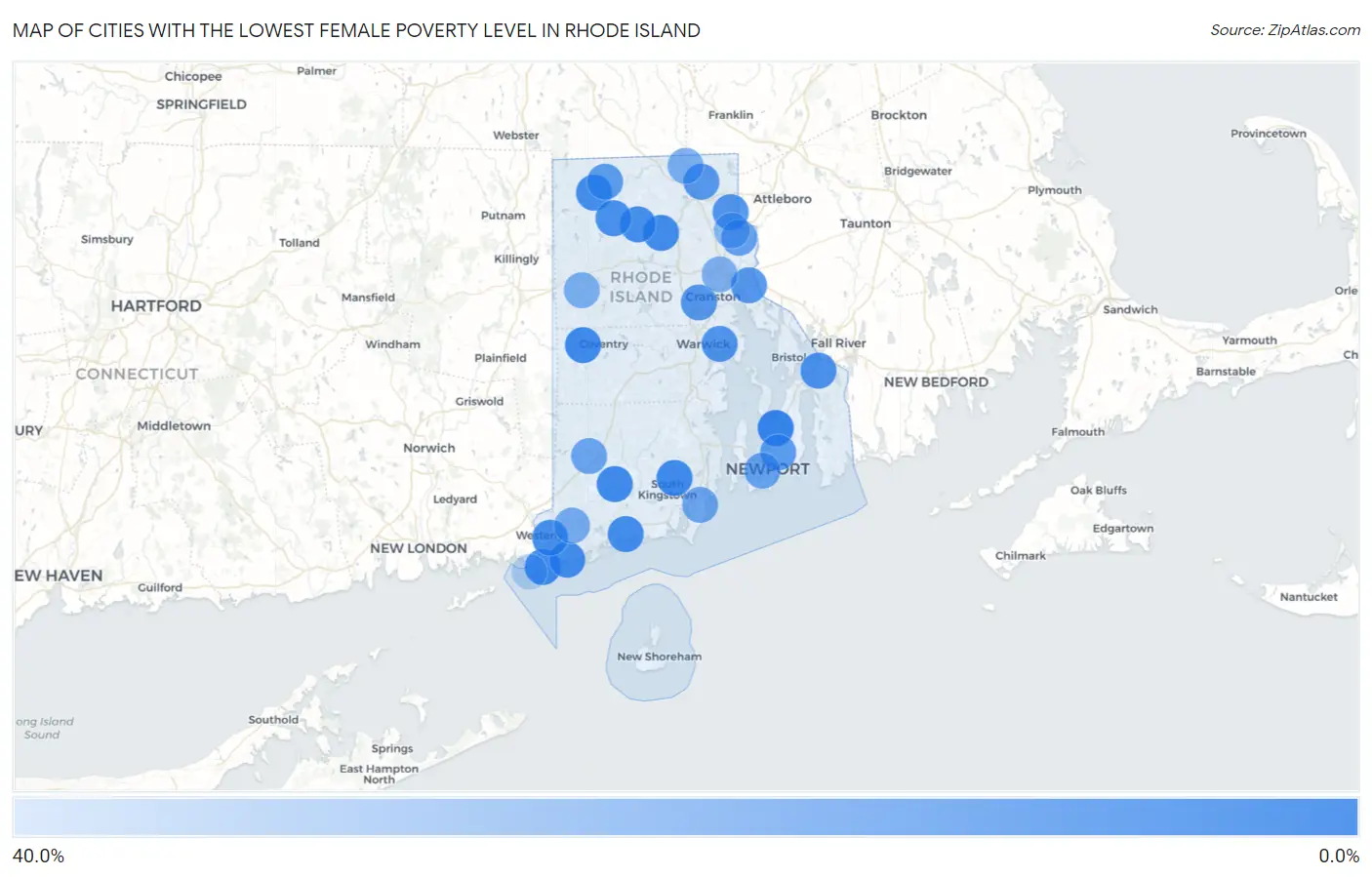 Cities with the Lowest Female Poverty Level in Rhode Island Map