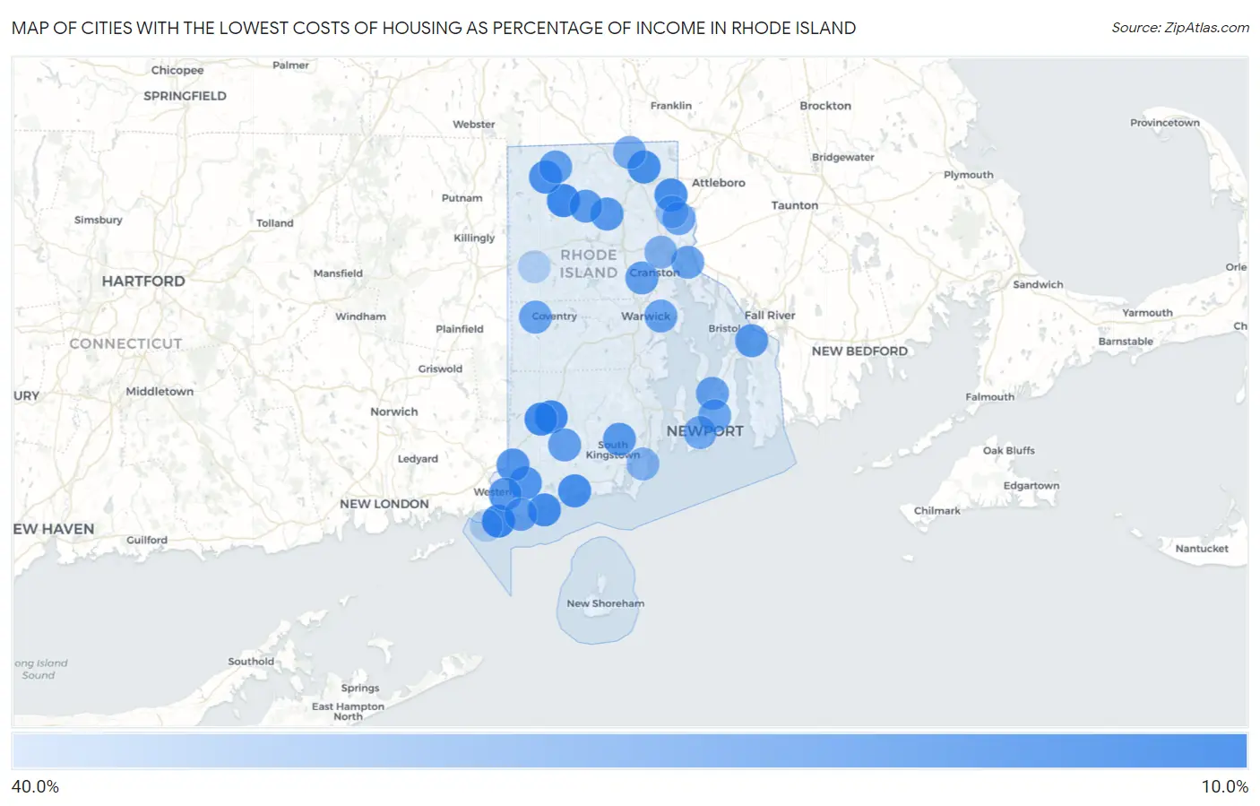 Cities with the Lowest Costs of Housing as Percentage of Income in Rhode Island Map
