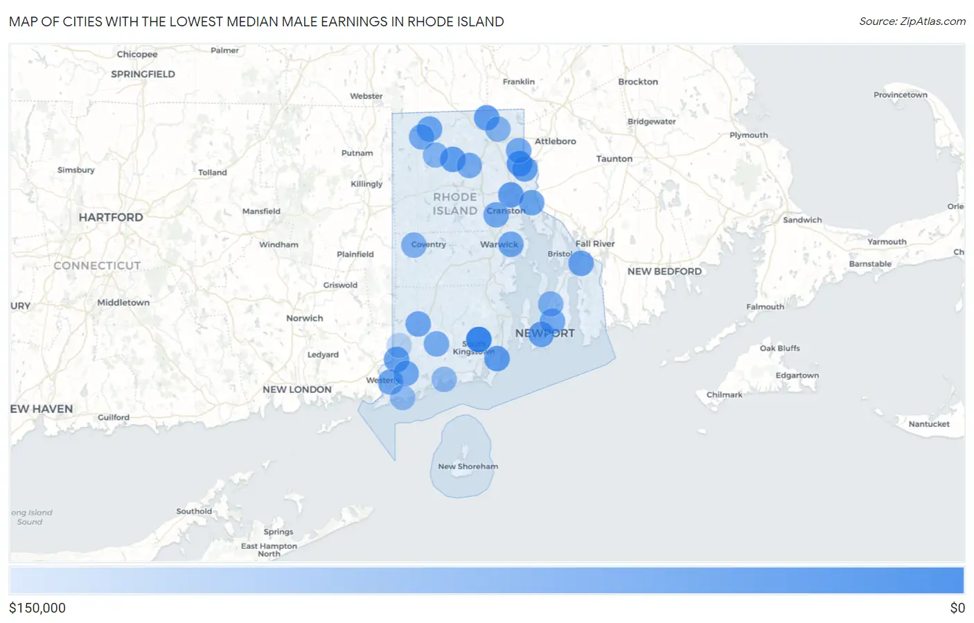 Cities with the Lowest Median Male Earnings in Rhode Island Map