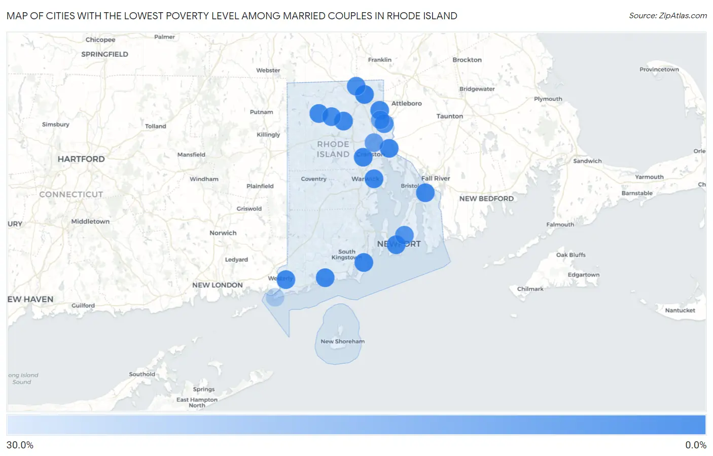 Cities with the Lowest Poverty Level Among Married Couples in Rhode Island Map