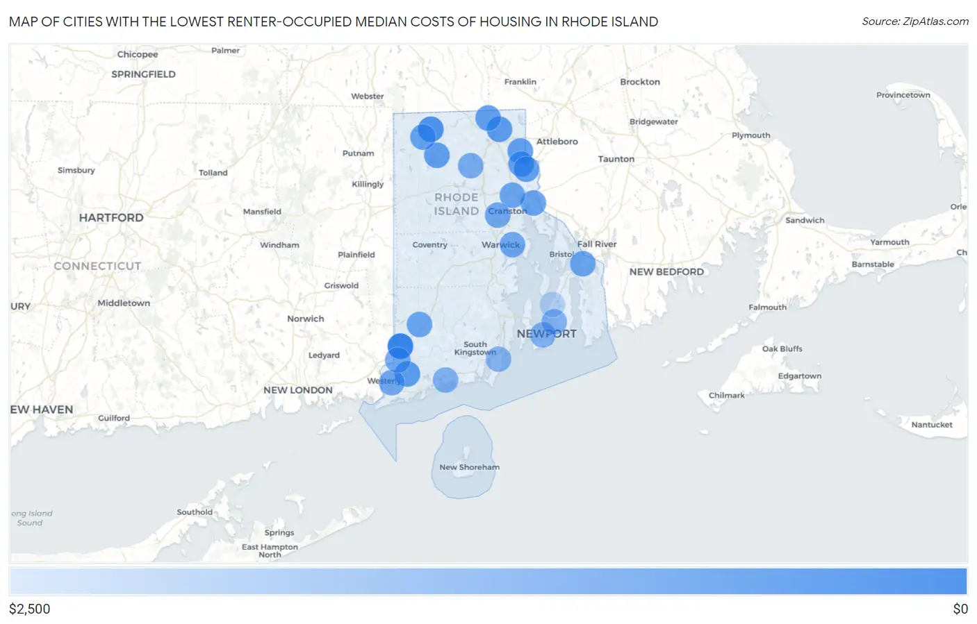 Cities with the Lowest Renter-Occupied Median Costs of Housing in Rhode Island Map