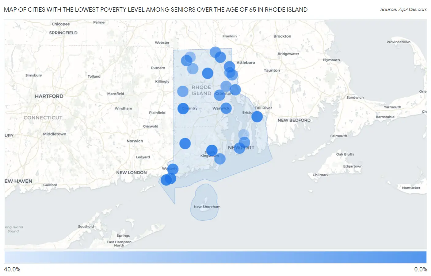 Cities with the Lowest Poverty Level Among Seniors Over the Age of 65 in Rhode Island Map