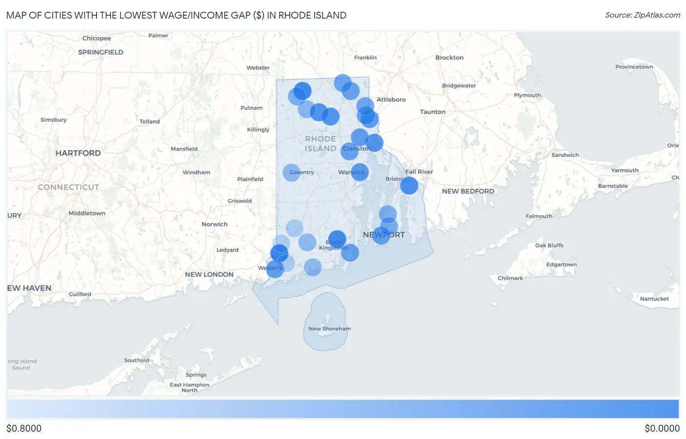 Cities with the Lowest Wage/Income Gap ($) in Rhode Island Map