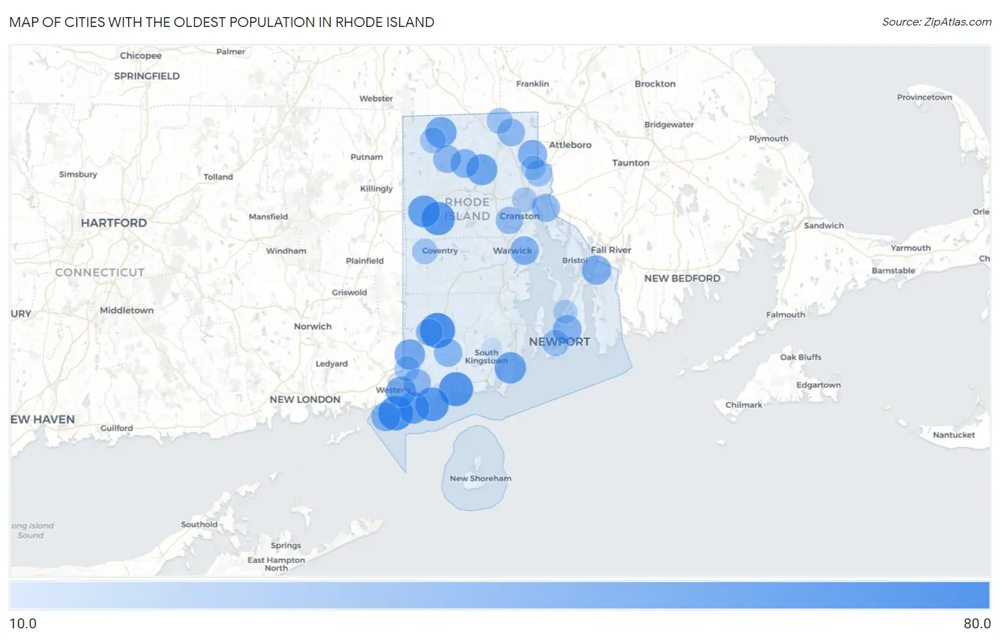 Cities with the Oldest Population in Rhode Island Map
