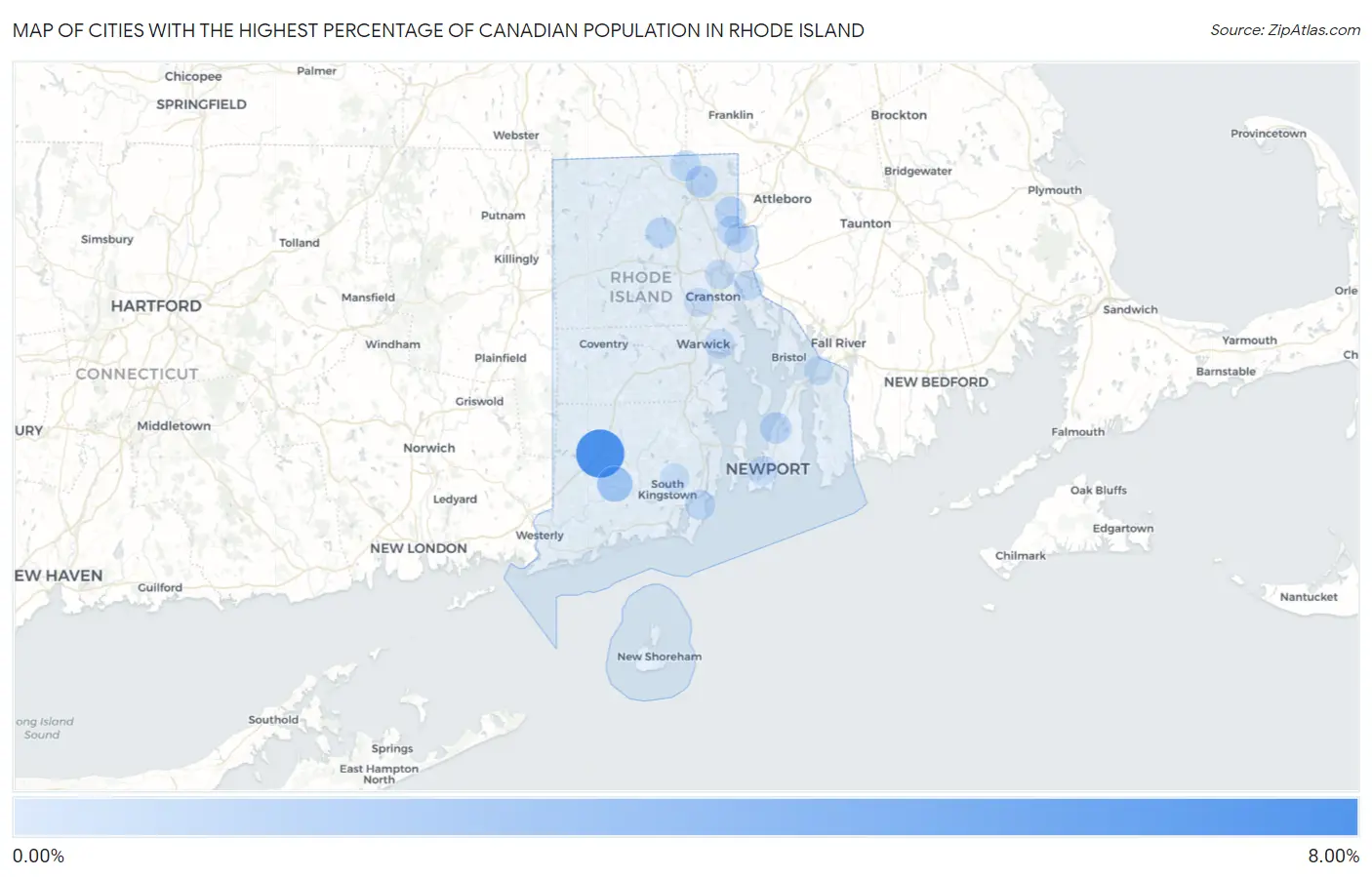 Cities with the Highest Percentage of Canadian Population in Rhode Island Map