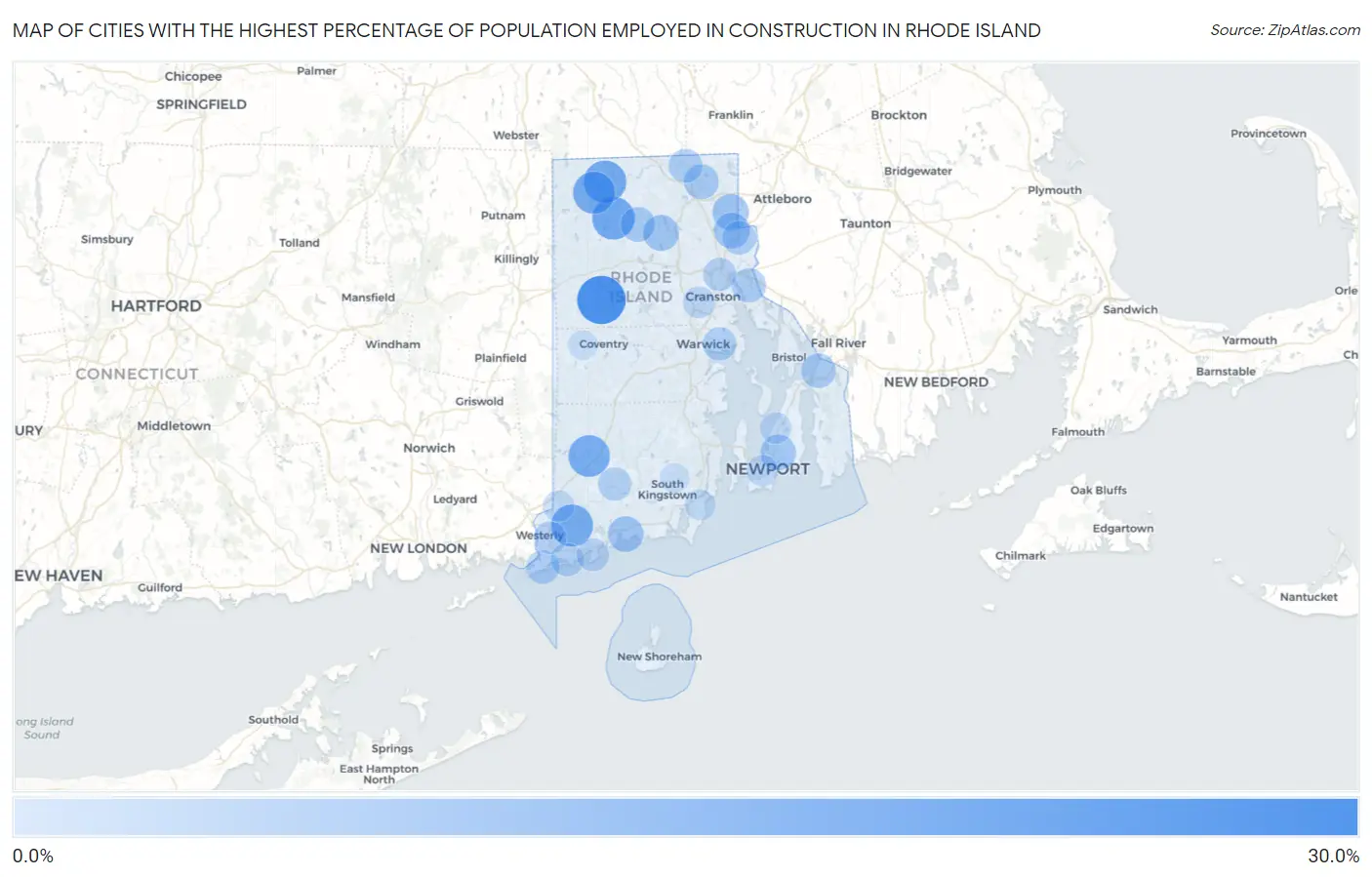 Cities with the Highest Percentage of Population Employed in Construction in Rhode Island Map