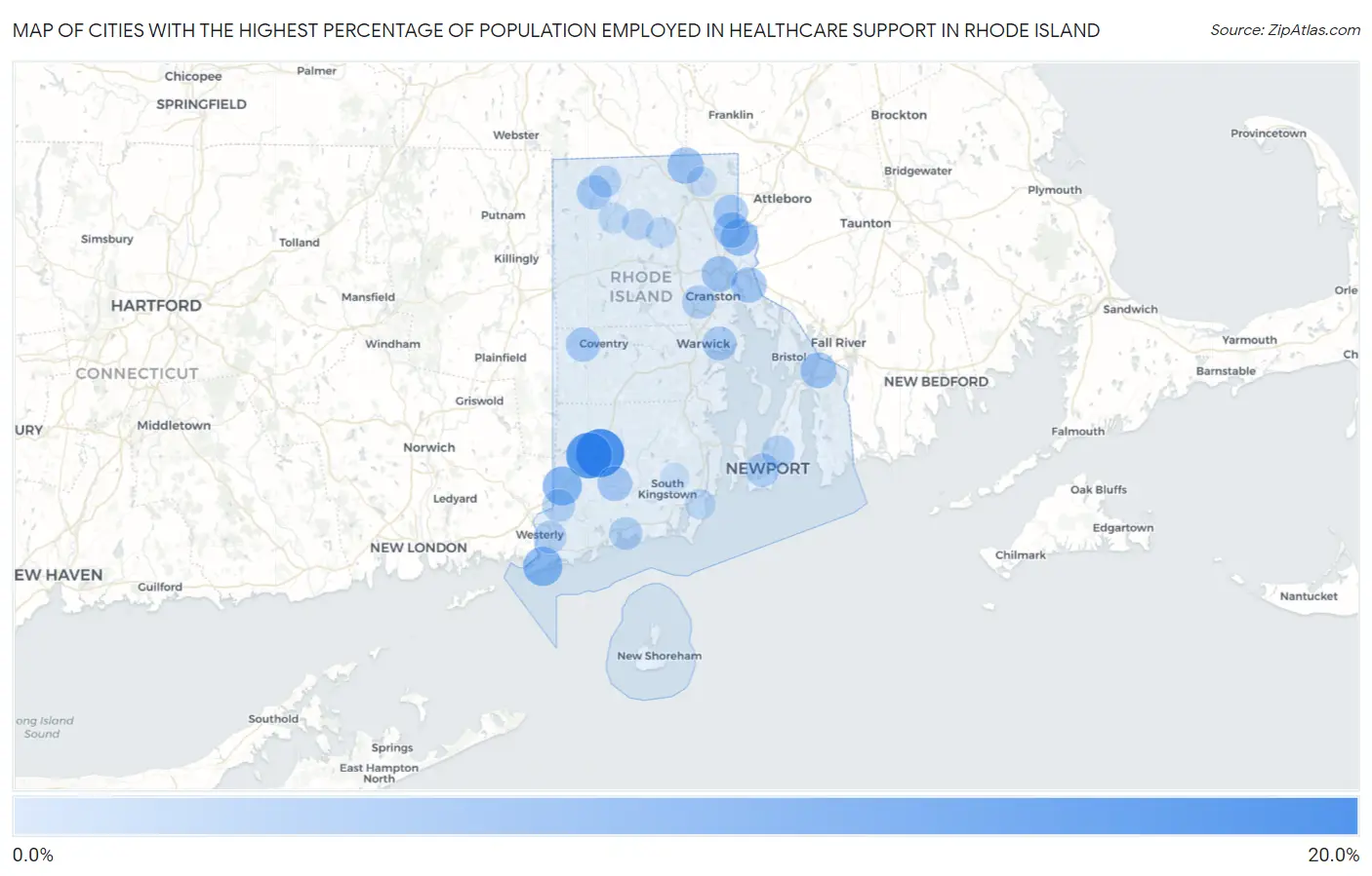 Cities with the Highest Percentage of Population Employed in Healthcare Support in Rhode Island Map