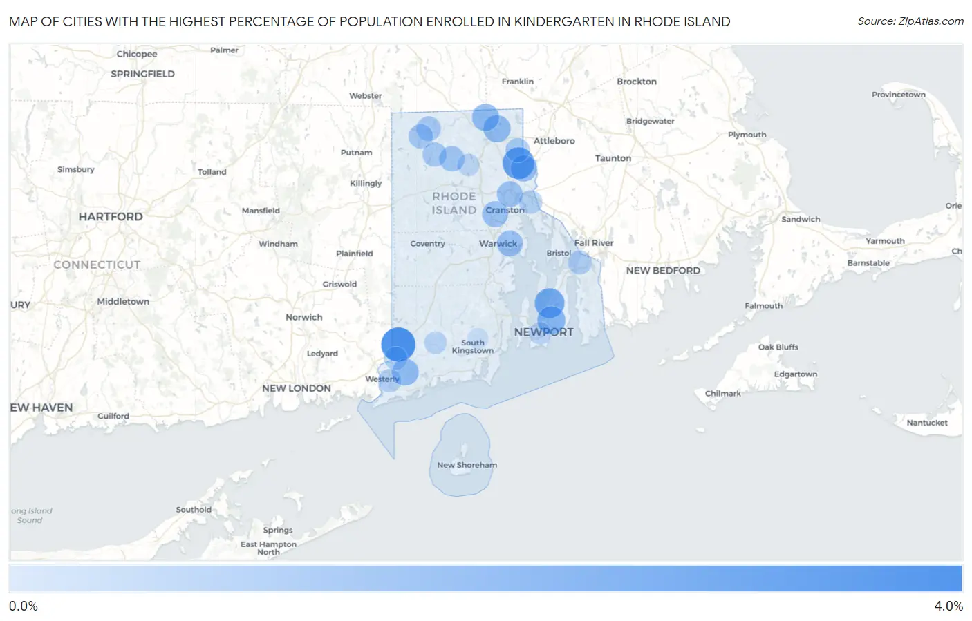 Cities with the Highest Percentage of Population Enrolled in Kindergarten in Rhode Island Map