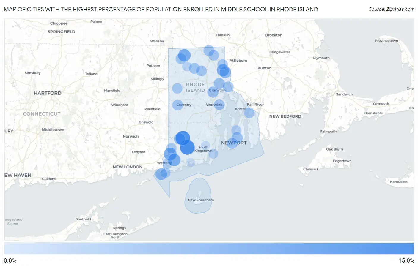 Cities with the Highest Percentage of Population Enrolled in Middle School in Rhode Island Map