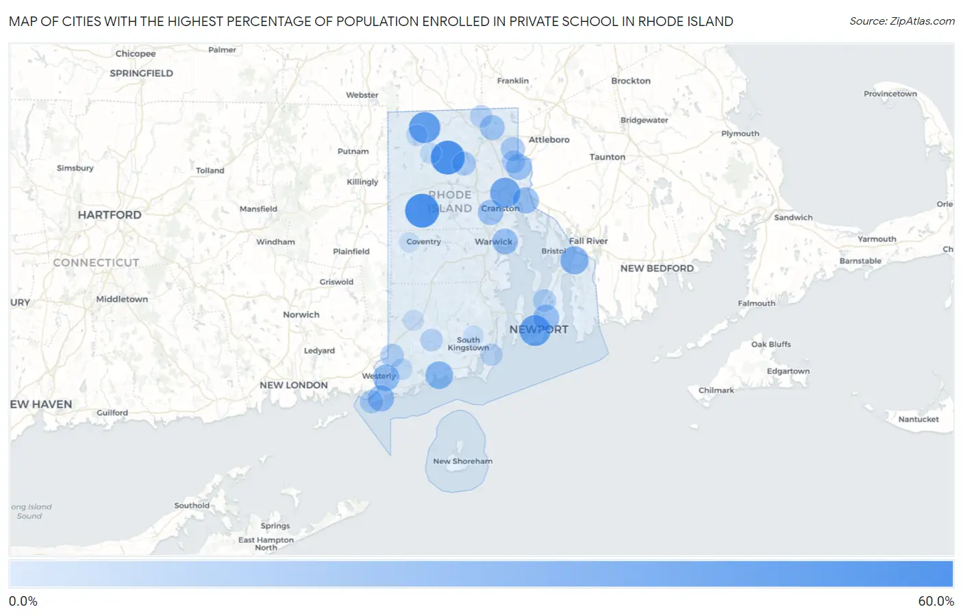 Cities with the Highest Percentage of Population Enrolled in Private School in Rhode Island Map