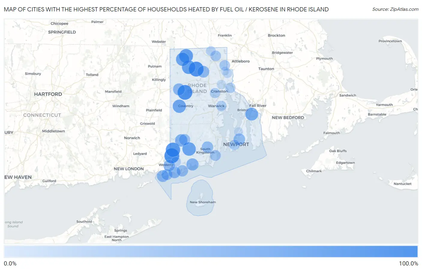 Cities with the Highest Percentage of Households Heated by Fuel Oil / Kerosene in Rhode Island Map
