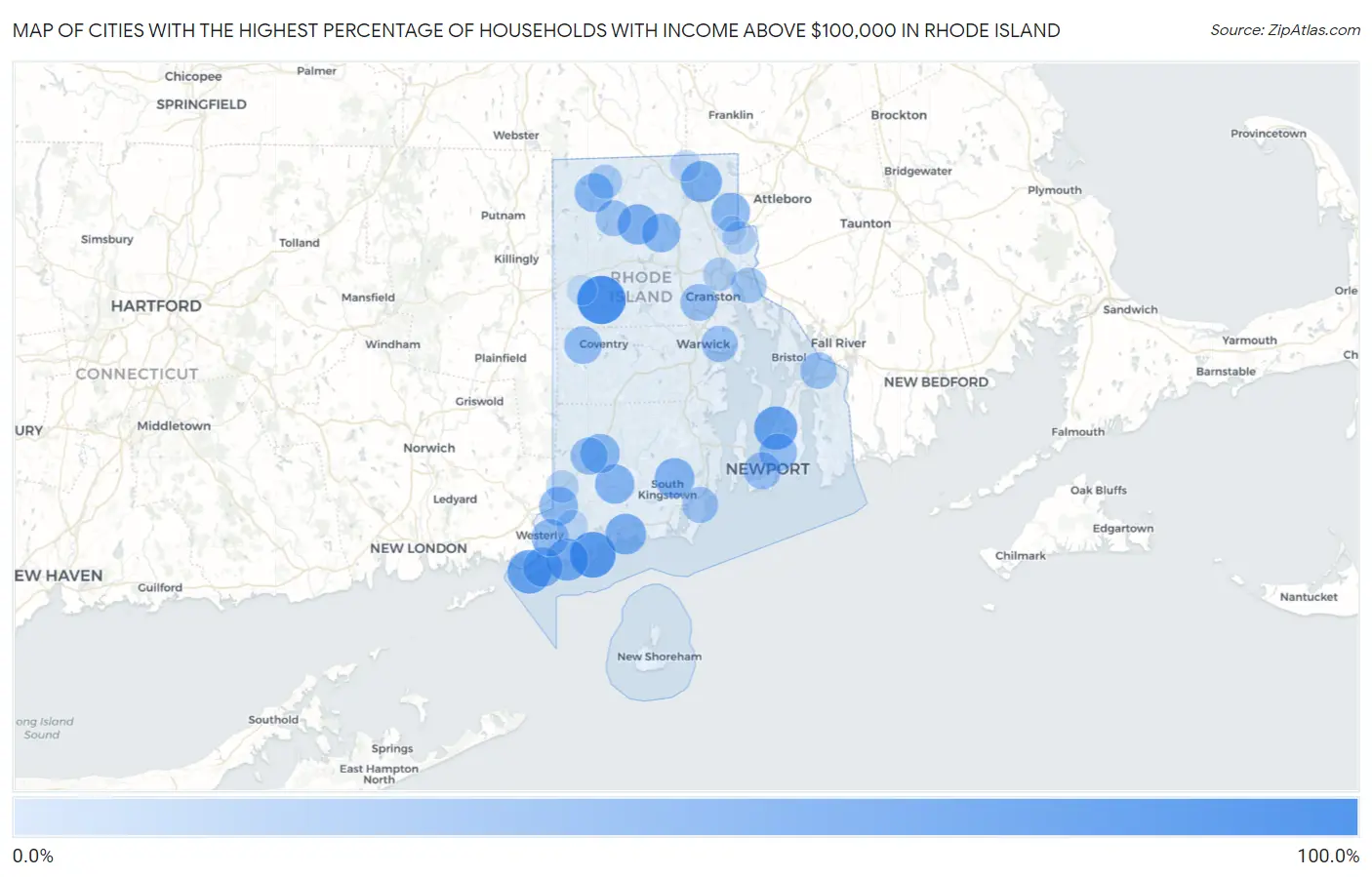 Cities with the Highest Percentage of Households with Income Above $100,000 in Rhode Island Map