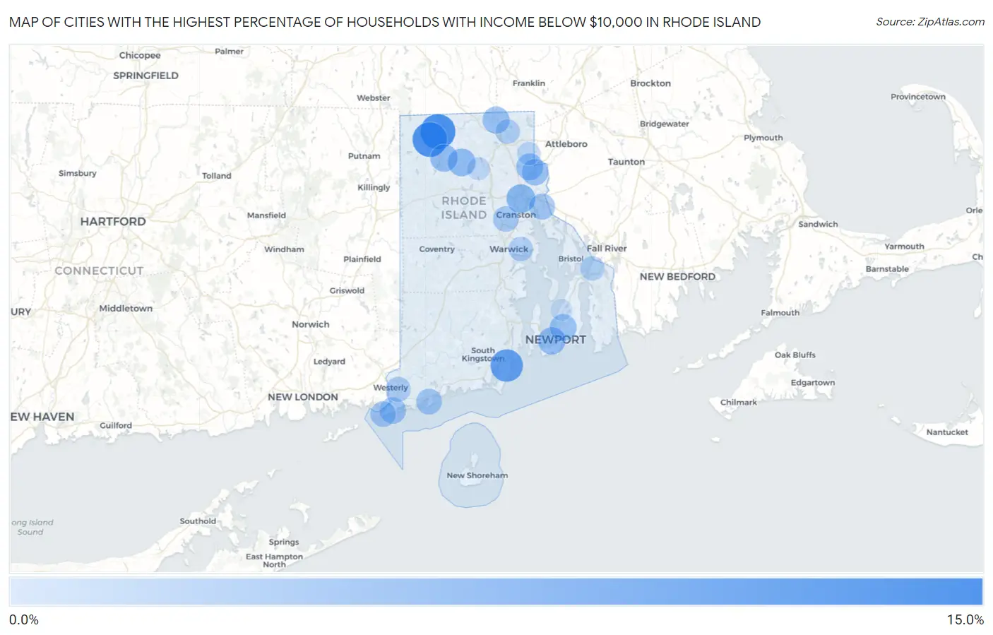 Cities with the Highest Percentage of Households with Income Below $10,000 in Rhode Island Map