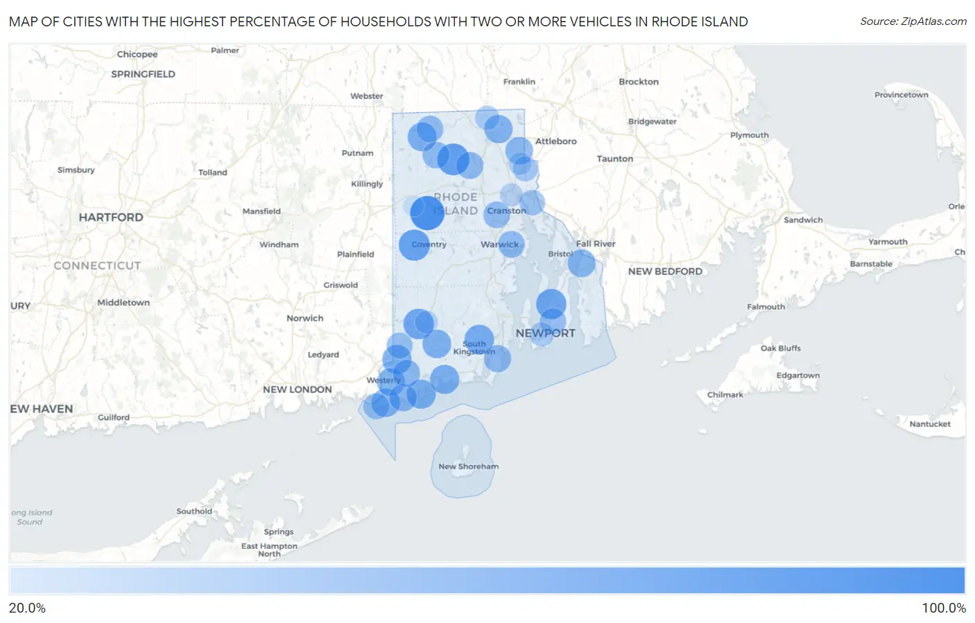 Cities with the Highest Percentage of Households With Two or more Vehicles in Rhode Island Map