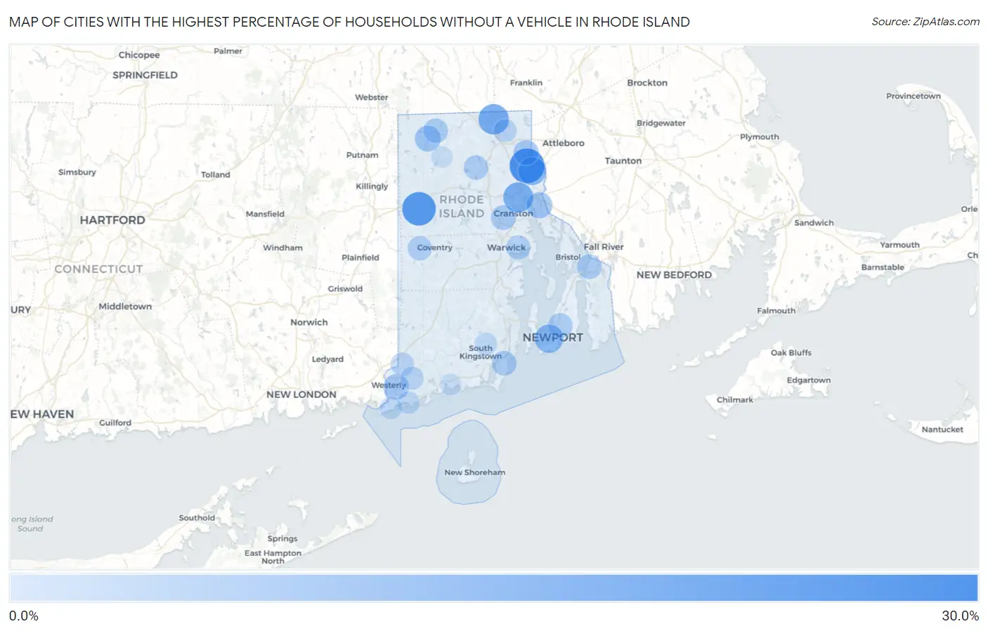 Cities with the Highest Percentage of Households Without a Vehicle in Rhode Island Map