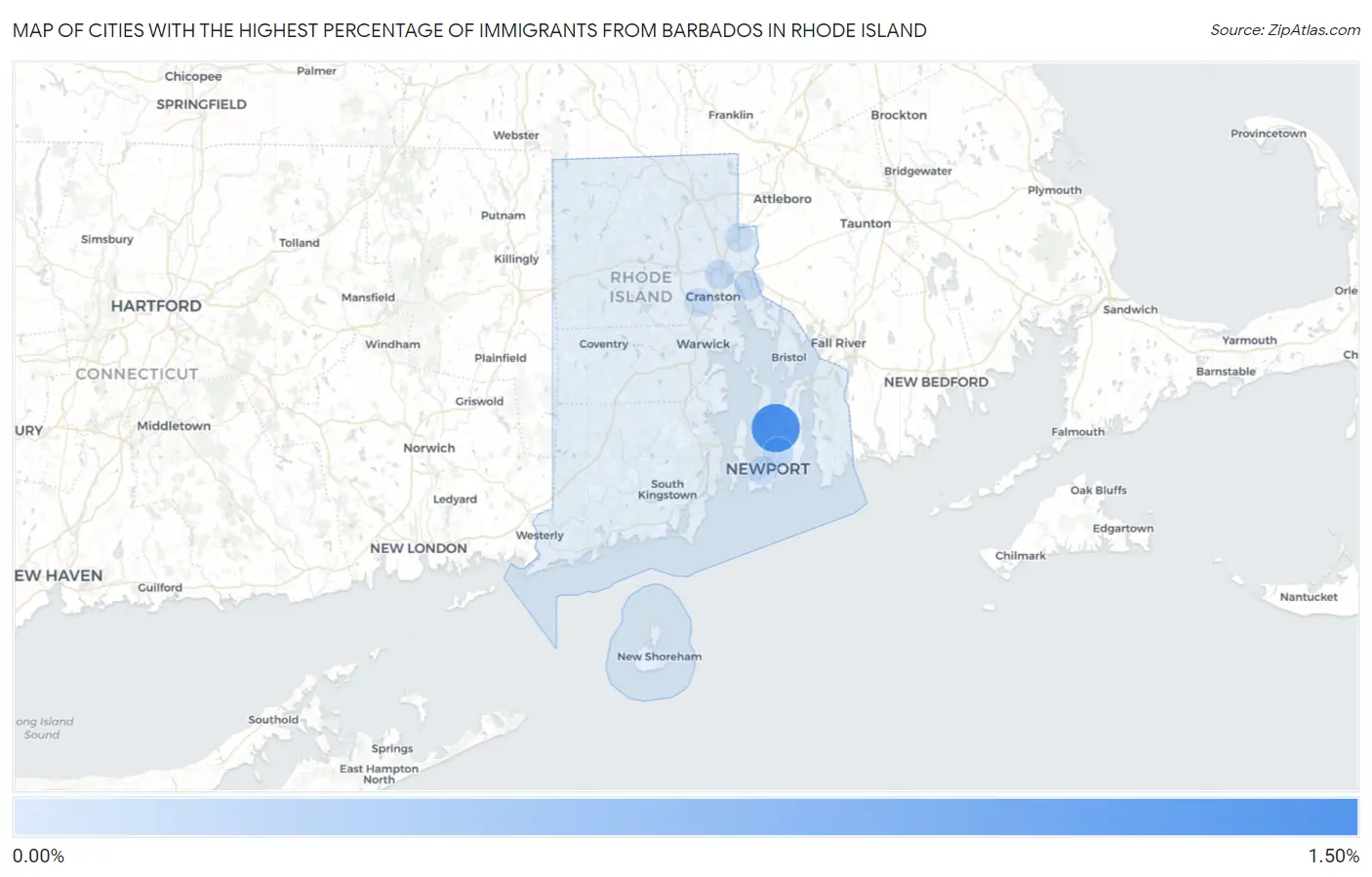 Cities with the Highest Percentage of Immigrants from Barbados in Rhode Island Map