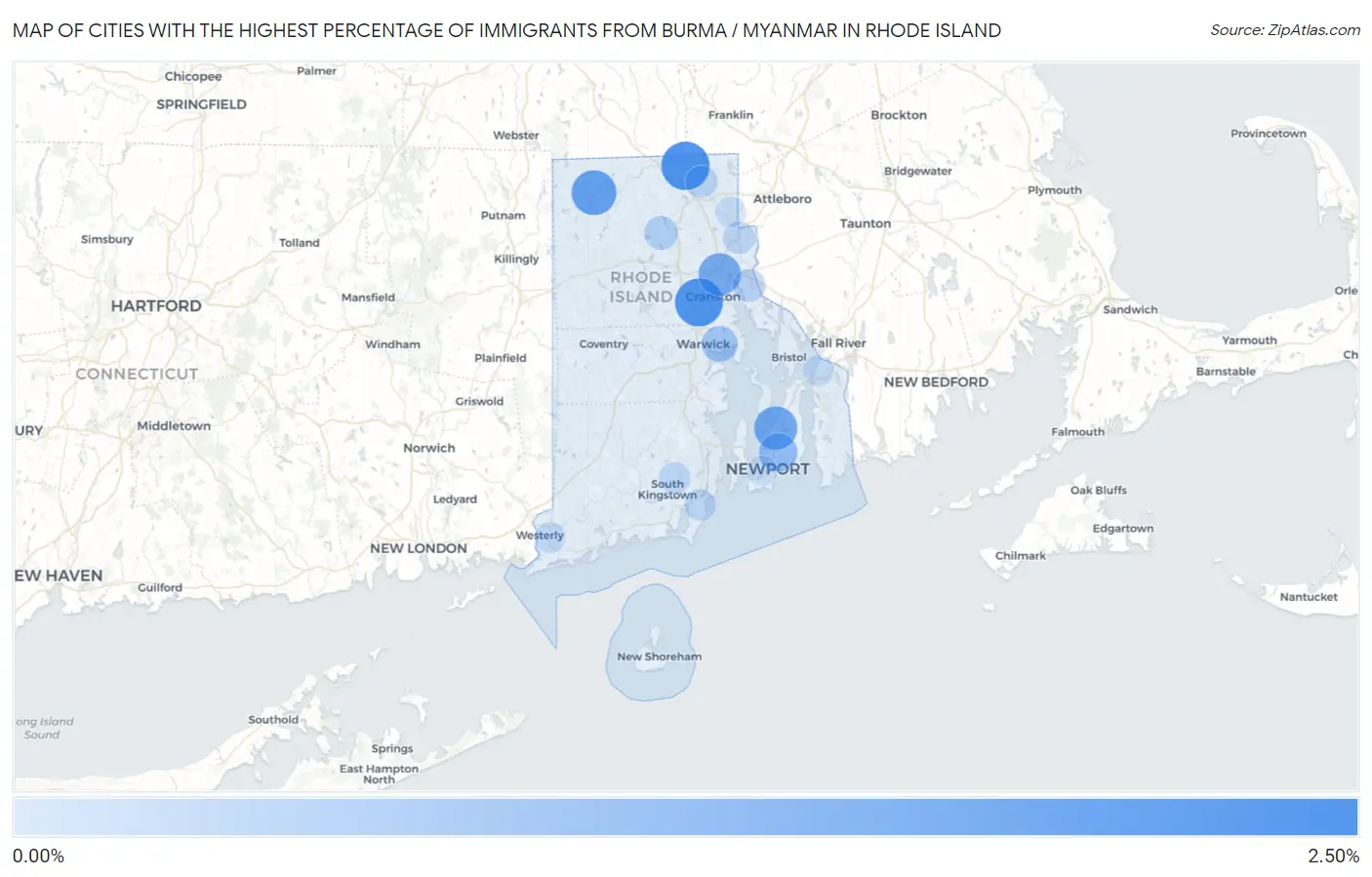 Cities with the Highest Percentage of Immigrants from Burma / Myanmar in Rhode Island Map